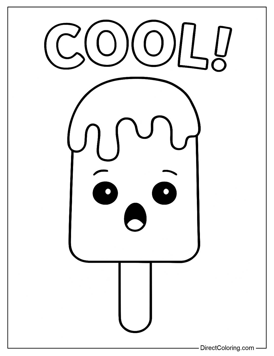 Melting popsicle coloring page with surprised face. The word 